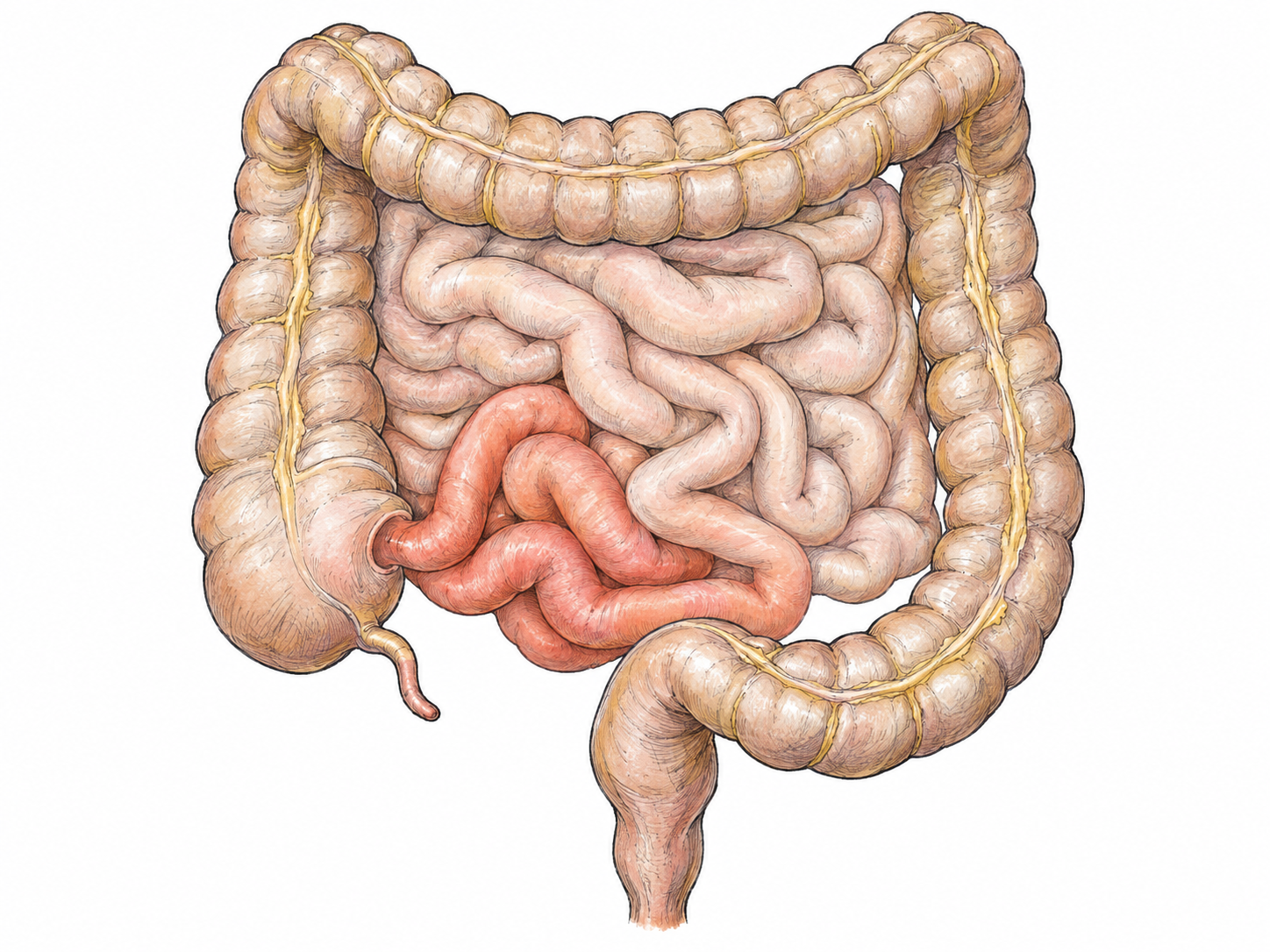 An isolated anatomical view of the intestines, with the ileum selectively emphasized along its continuous course into the cecum.