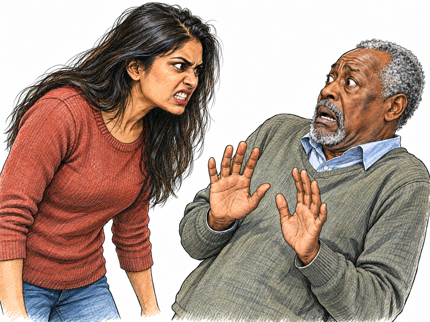 A fierce-looking ordinary woman looms forward with a piercing glare and bared teeth, while a nearby adult visibly recoils in fear.
