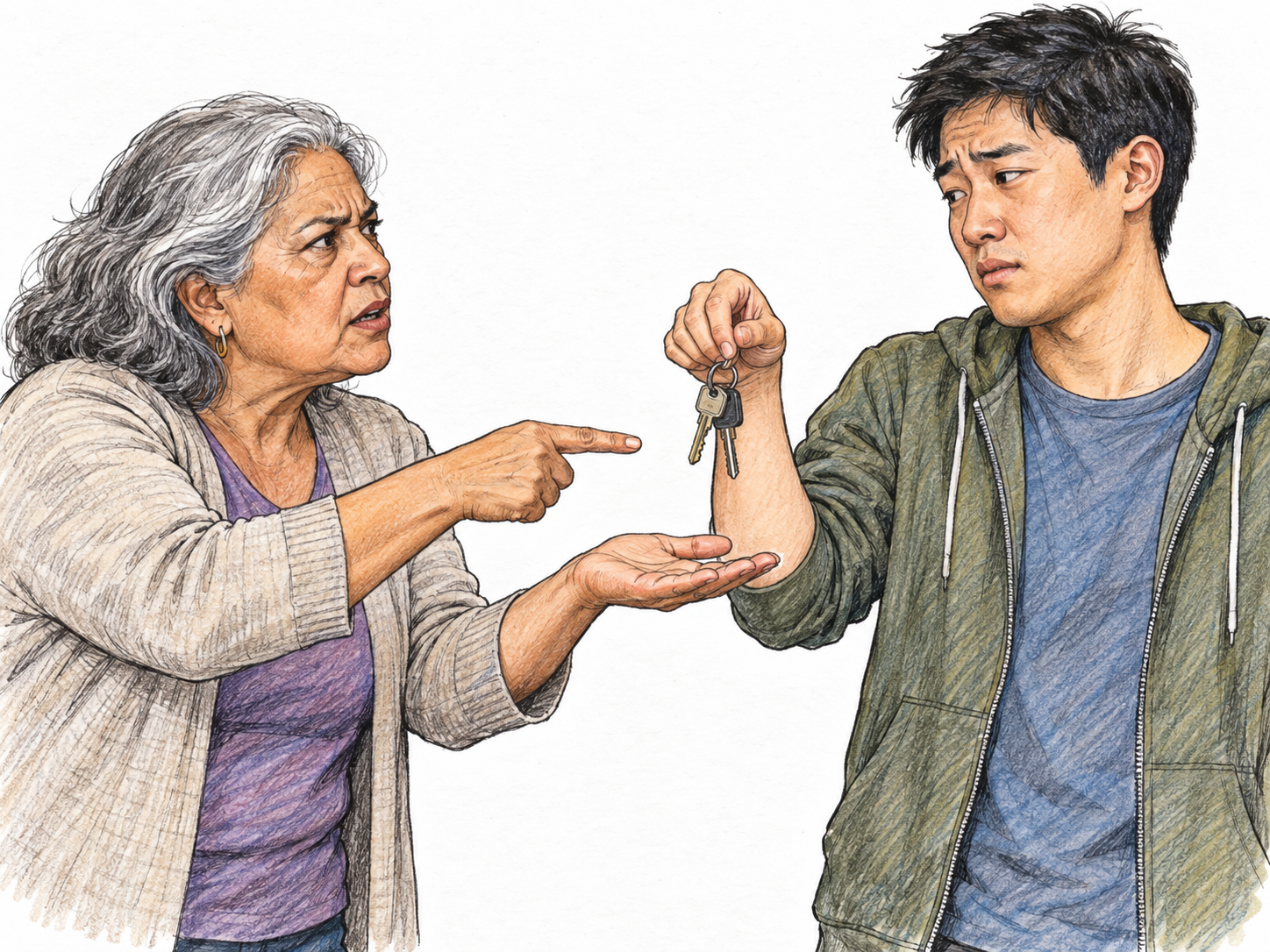 An older woman forcefully demands that a young man hand over the keys he is holding: she leans forward with a stern expression, thrusts an open receiving palm toward him, and points directly at the keys with her other hand.