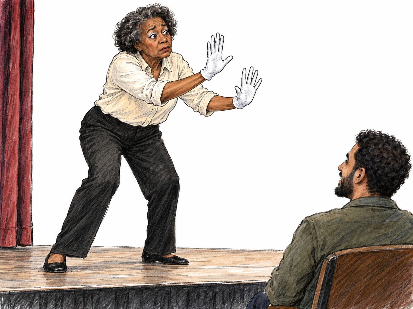 On a small stage, a mime silently acts out being trapped behind an invisible wall, using flattened palms, a closed mouth, and an exaggerated worried expression while a seated spectator watches.