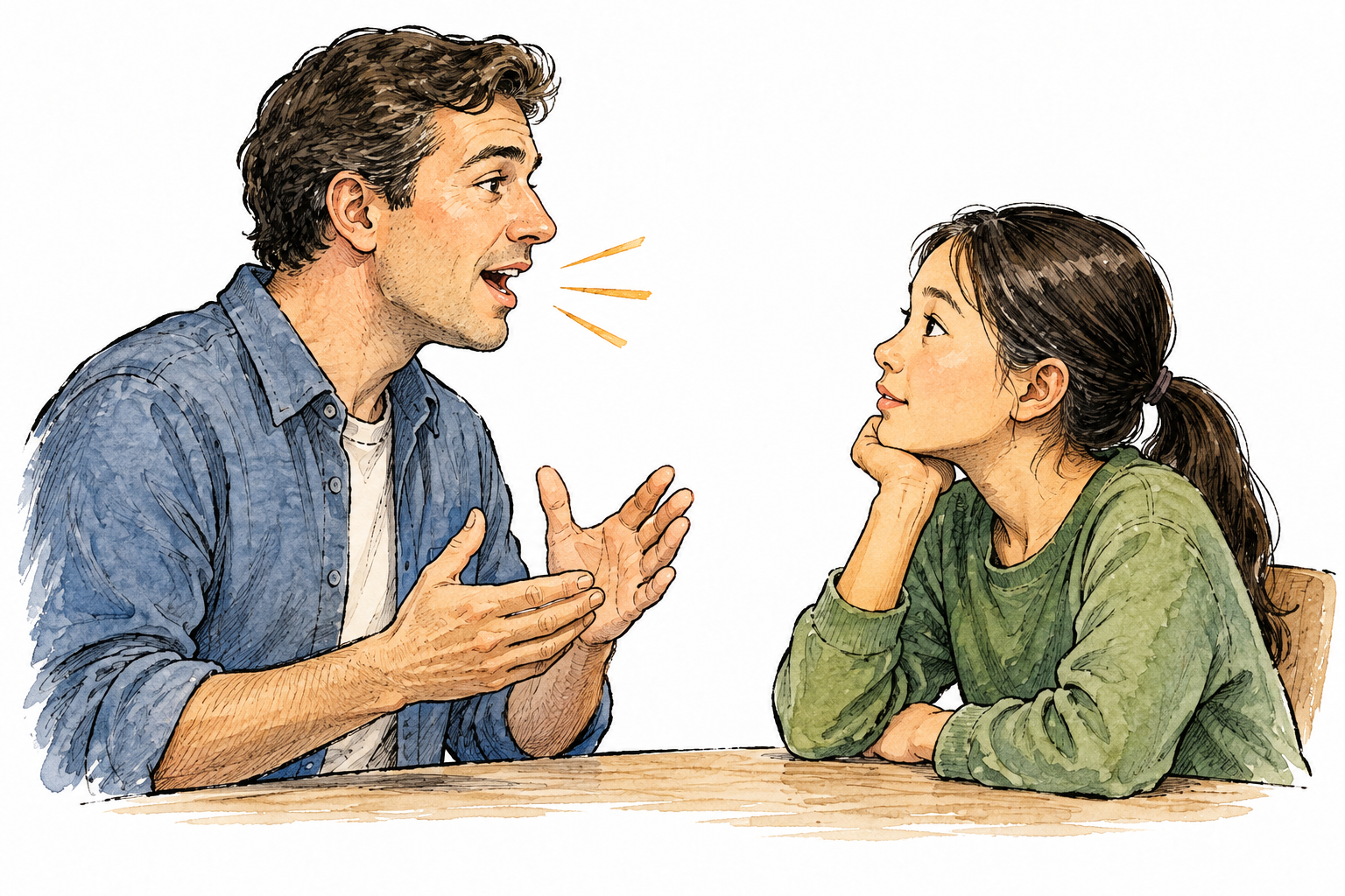 Adult speaker slowly and distinctly pronounces while listener watches mouth attentively, calm teaching scene, no text.