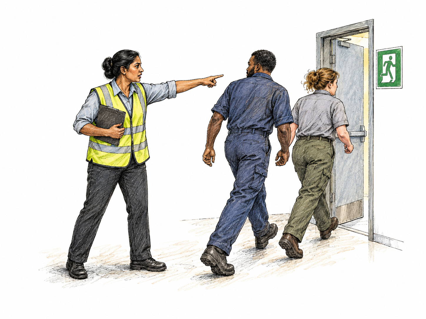 A fire-safety officer issues an official evacuation instruction to two workers by firmly pointing toward a doorway with a single functional green running-person exit pictogram; workers immediately move that way, no smoke or panic.