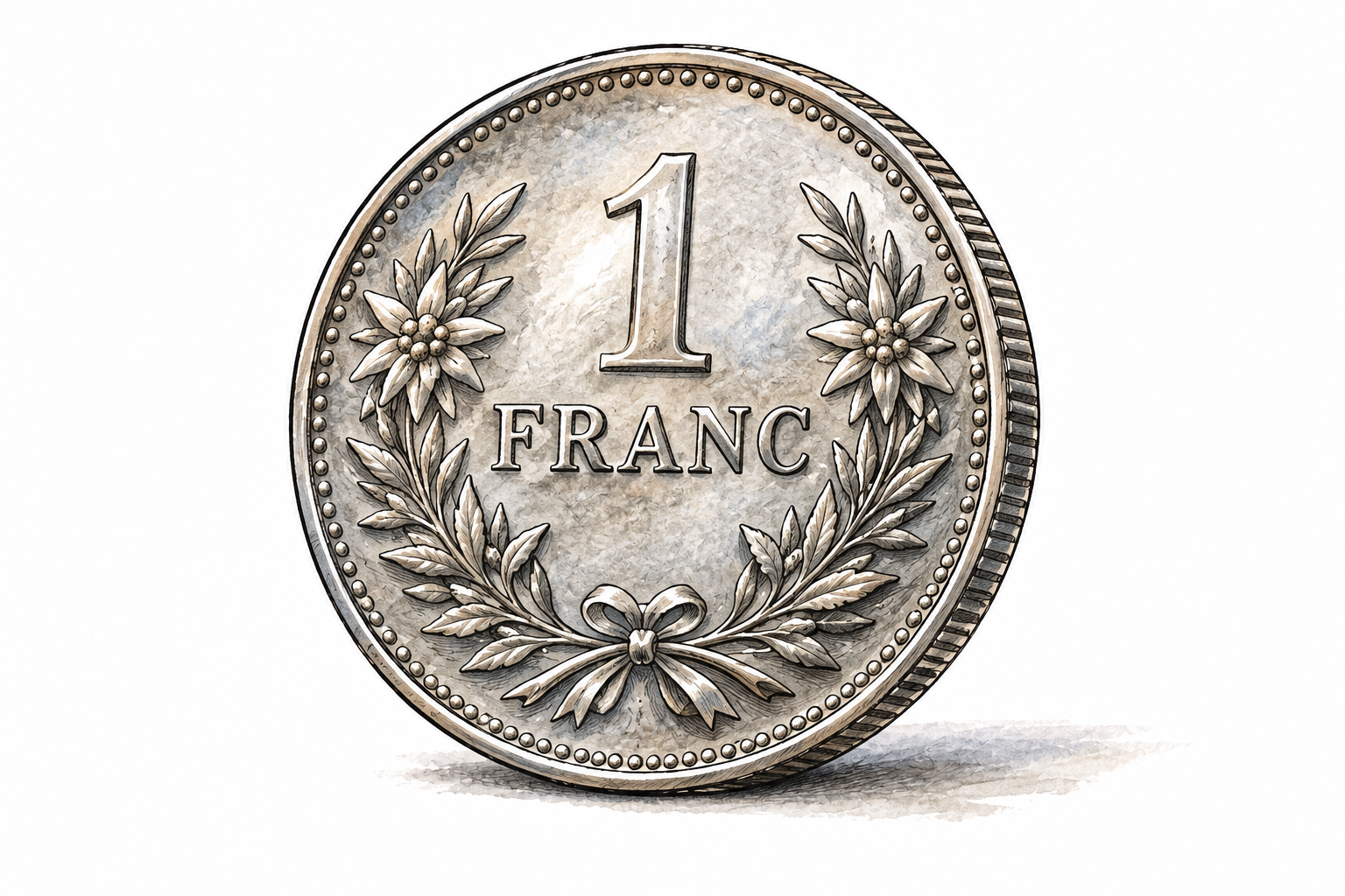A neutral Swiss-style silver coin with only the functional inscription 1 FRANC and simple ornament, no other lettering.
