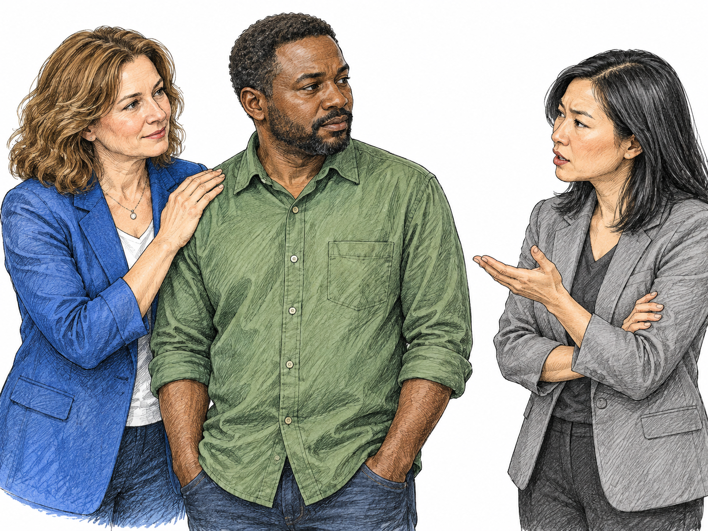 A steadfast adult stands supportively beside a friend who faces criticism from a third adult; loyal posture and reassuring shoulder touch, no text or threatening action.