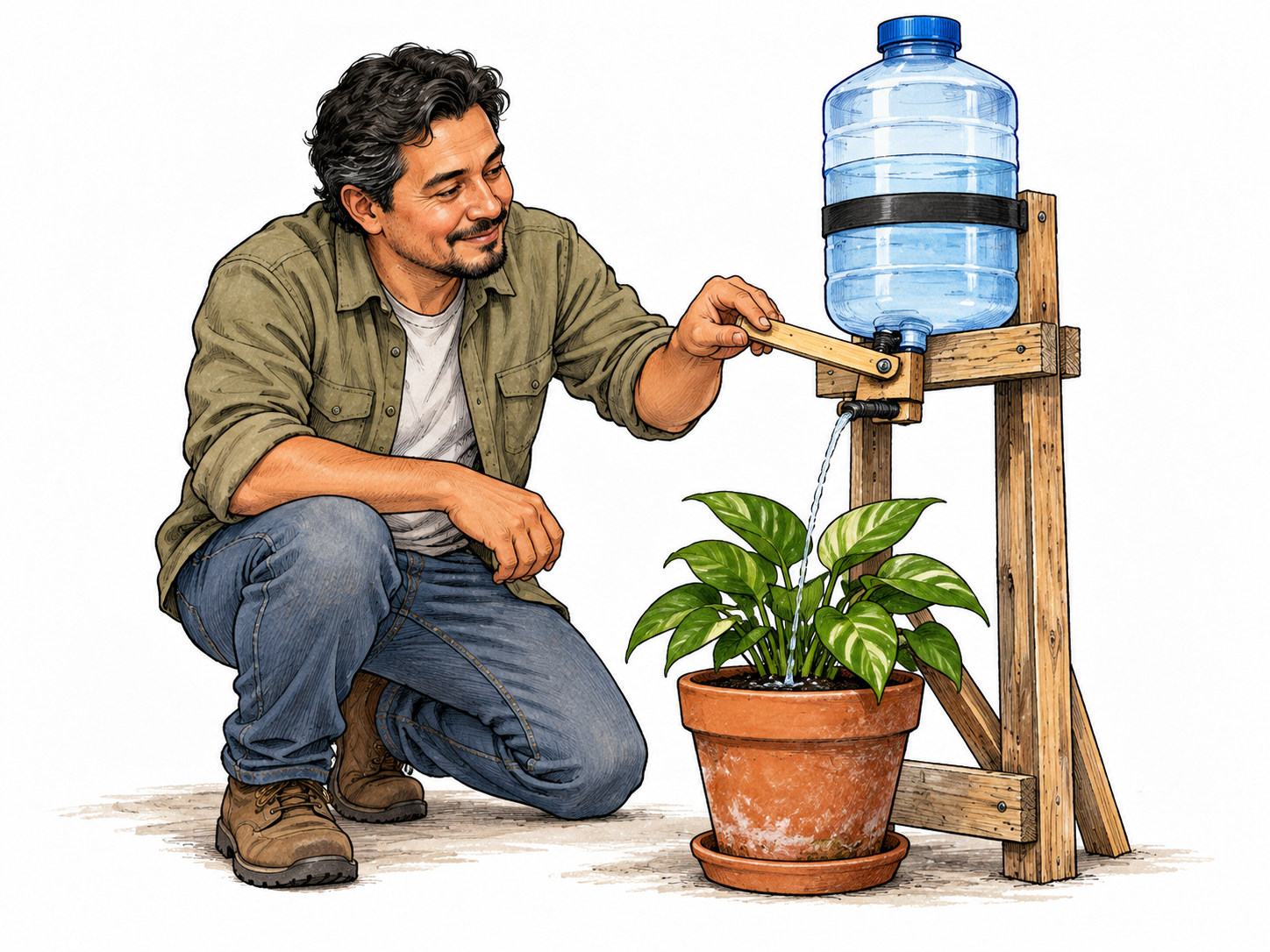 An inventive gravity-fed watering device uses a raised reused container and a simple lever valve to water a potted plant; a maker adjusts the clever mechanism.