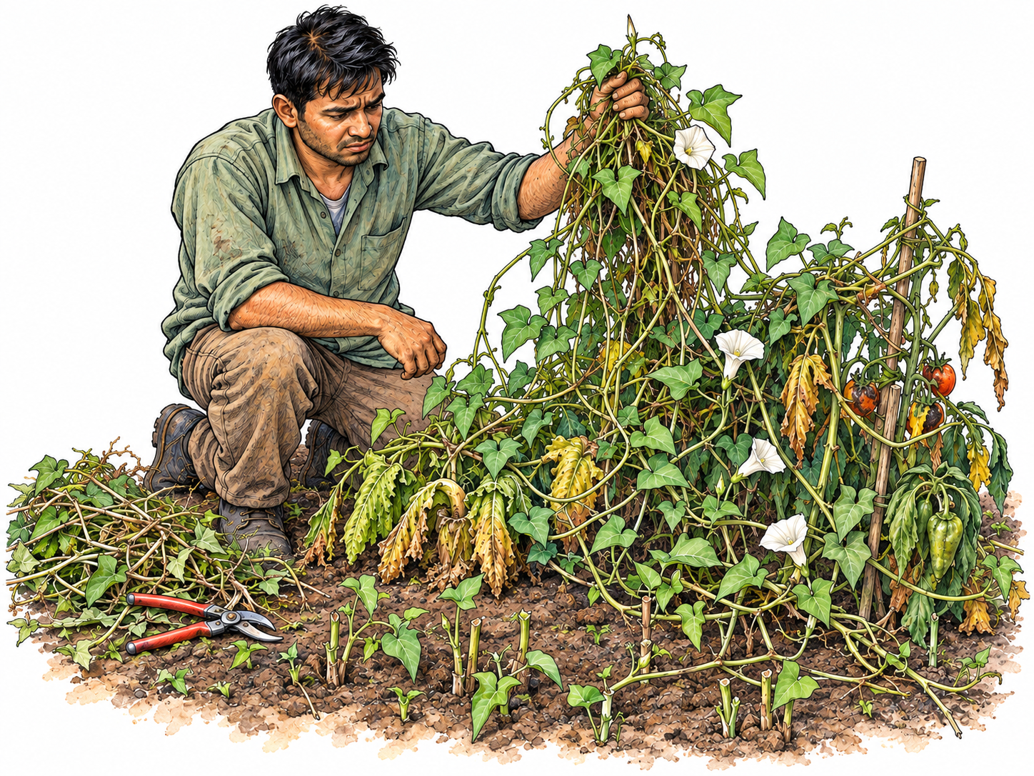 An exasperated gardener struggles with invasive bindweed that has overrun and strangled his vegetable bed.