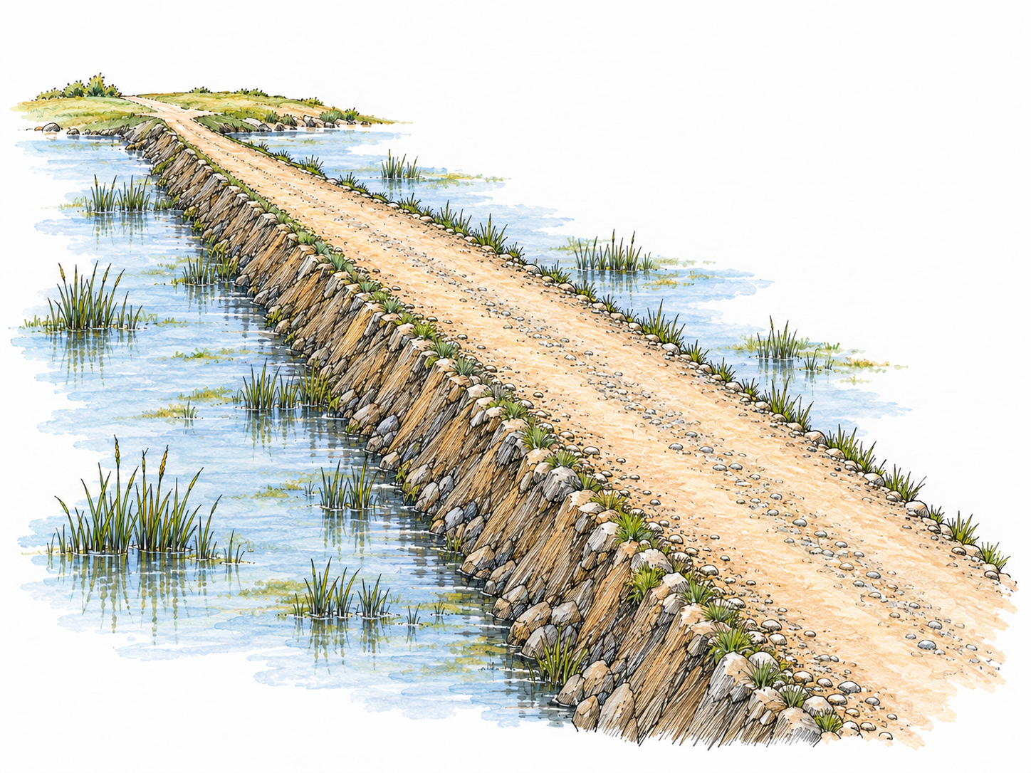 An uninterrupted road on a visibly raised earth-and-stone embankment crosses a shallow marsh, with standing water and reeds below both sides.