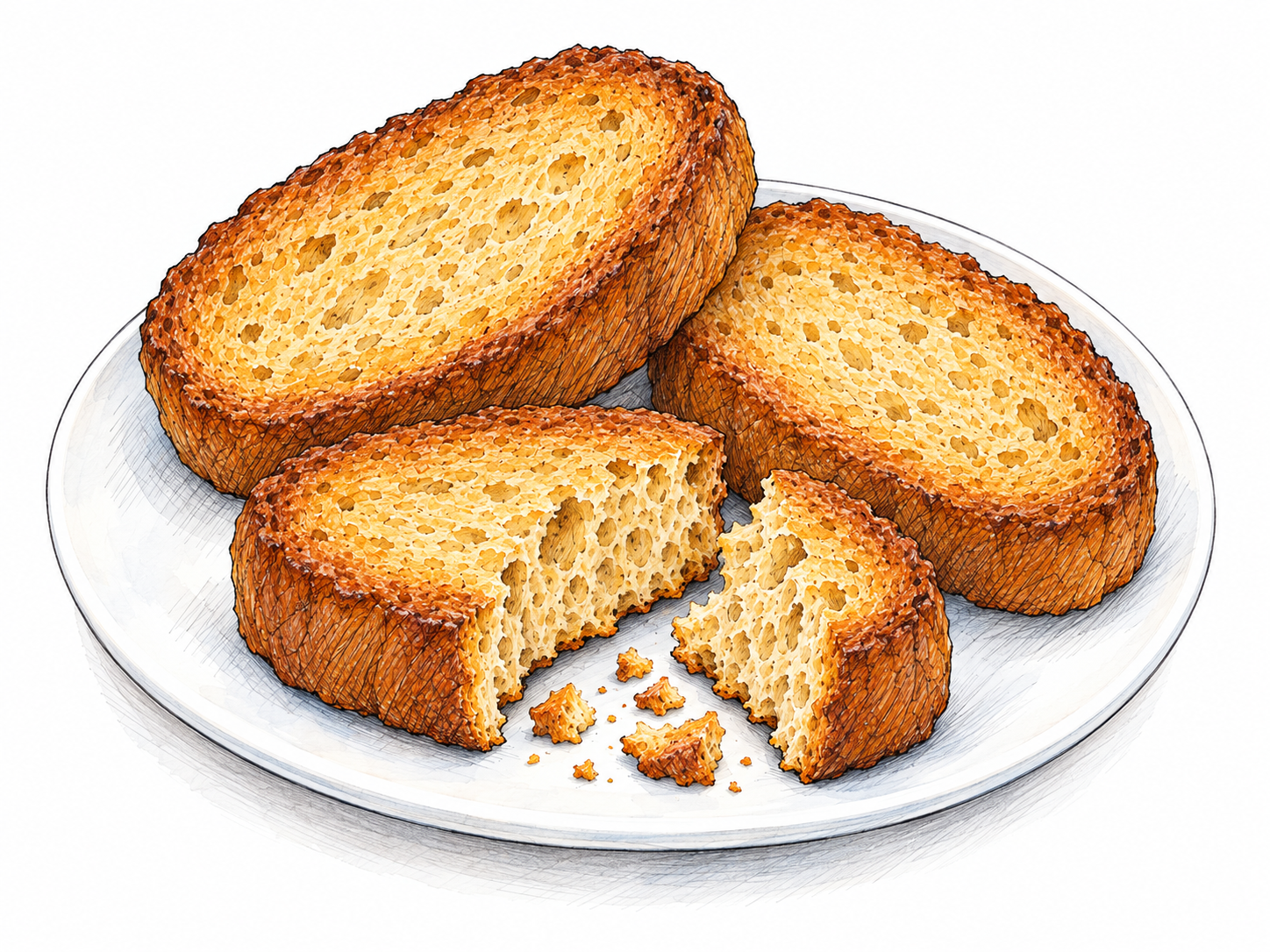 A close-up still life of golden twice-baked bread rusks, with one broken piece exposing a dry, crisp, porous interior and scattered brittle crumbs.