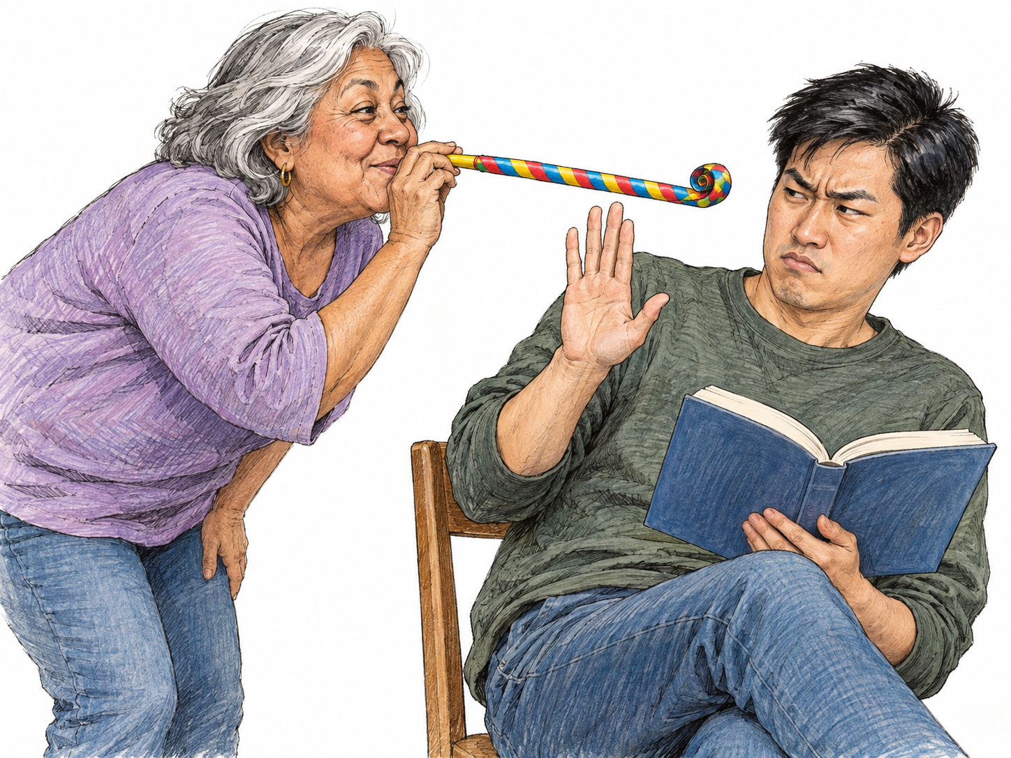 An irritating prankster blows a party blower directly into a reader’s face, grinning while he pulls back with an unmistakably annoyed expression.