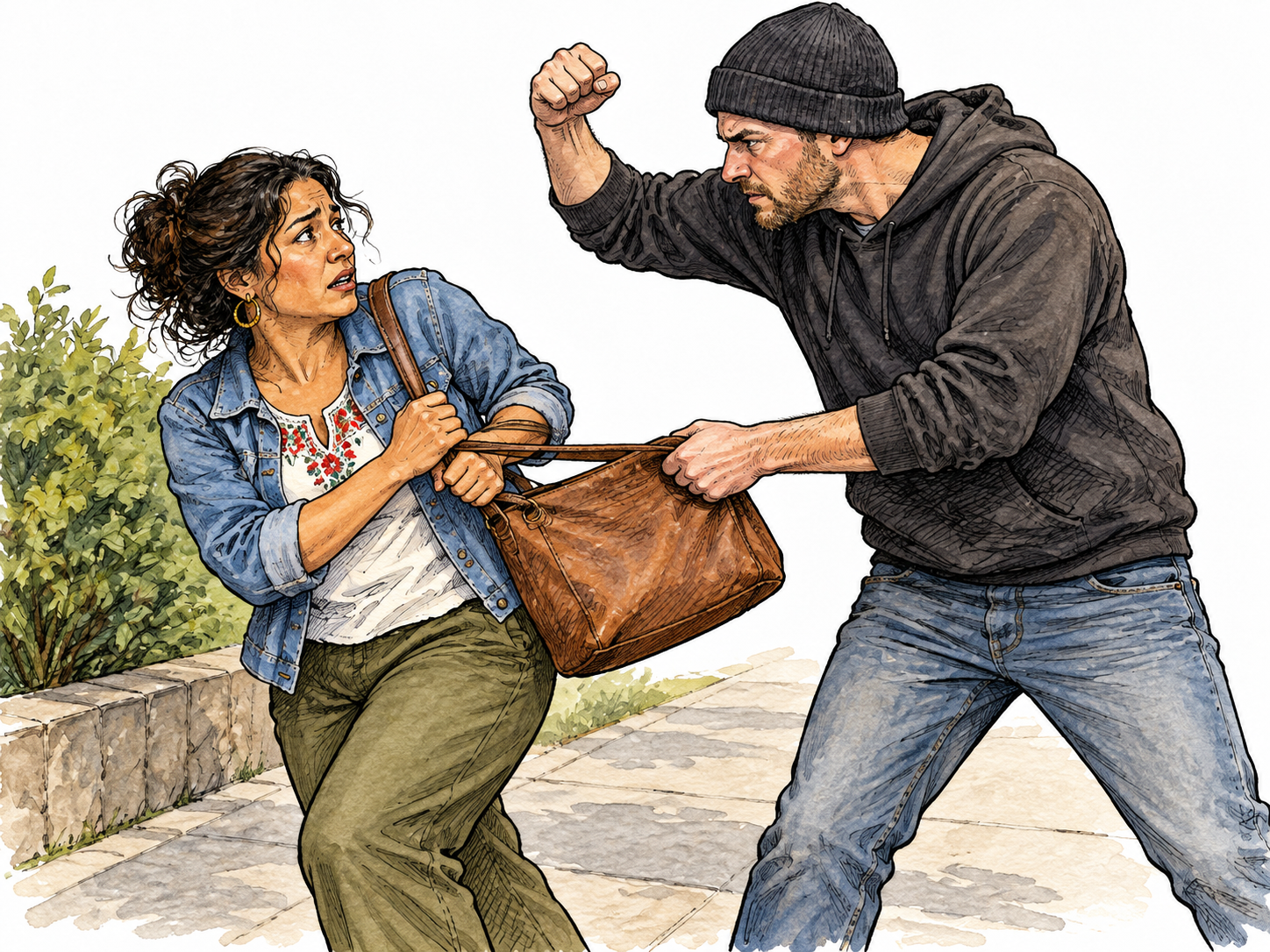 An adult Latina woman is forced to surrender her bag to a white male thief blocking her path with an intimidating raised fist.