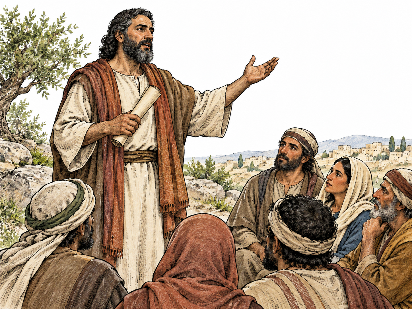 An unnamed ancient Near Eastern adult male prophet in plain robes addresses a small attentive gathering with solemn conviction, holding an unmarked rolled scroll.