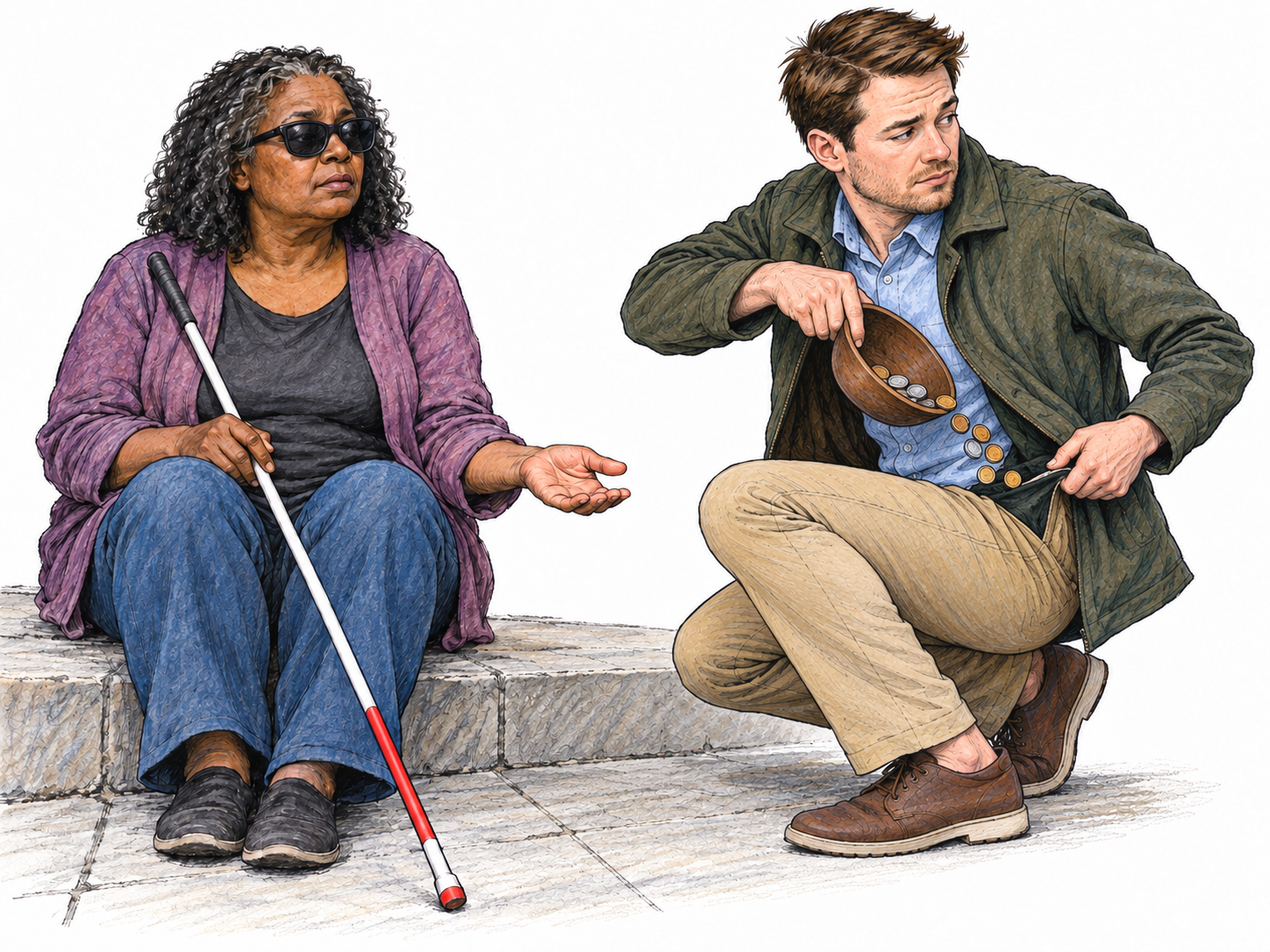 A well-dressed man steals money from a blind woman's begging bowl while she holds out an empty hand, making his exploitation of a vulnerable person visibly shameful.
