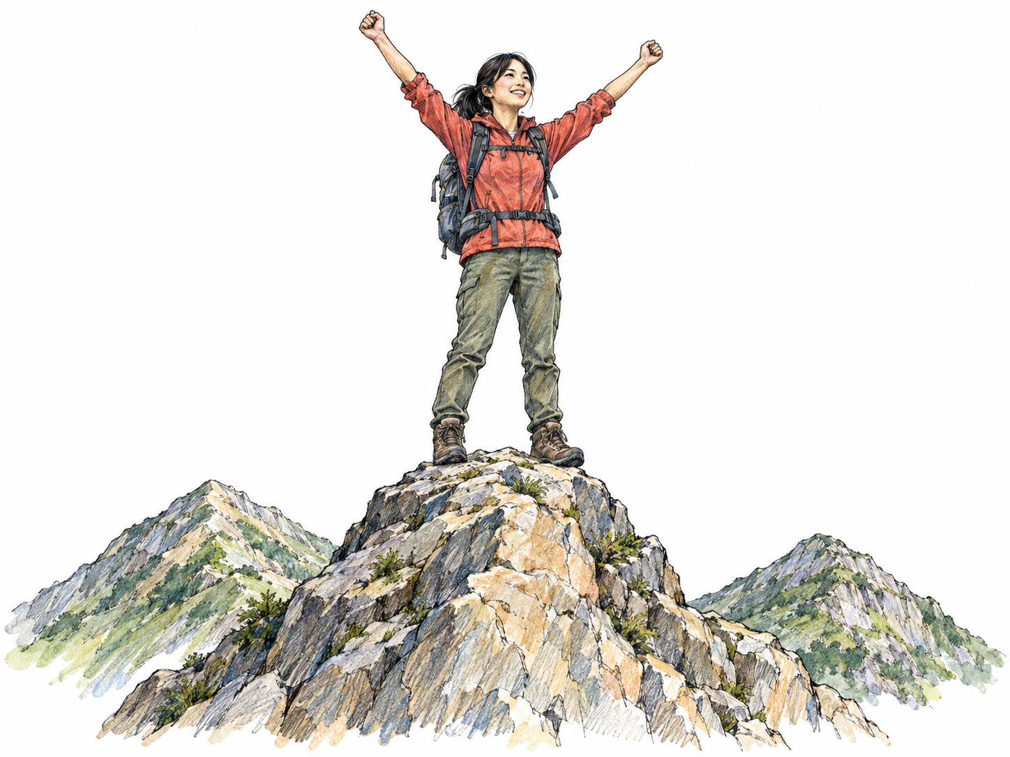 A climber celebrates on a rocky summit above lower ridges.