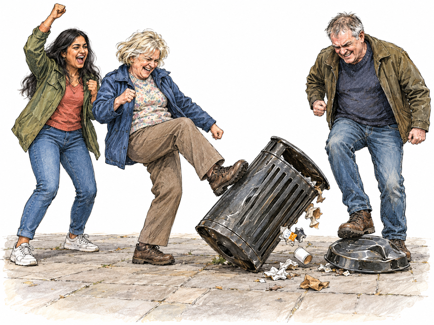A rowdy group vandalizes a public litter bin: the central woman forcefully kicks the bin over while two companions cheer and one crushes its fallen lid underfoot.