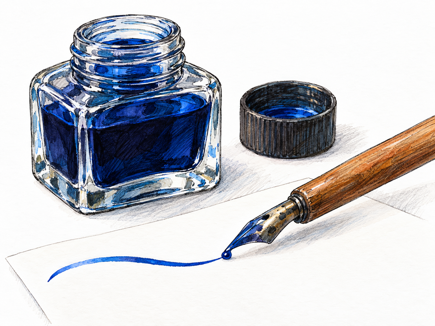 An open glass bottle of dark blue ink beside a dip pen and a fresh blue pen stroke on white paper, with a small glossy droplet at the nib making the writing fluid unmistakable.