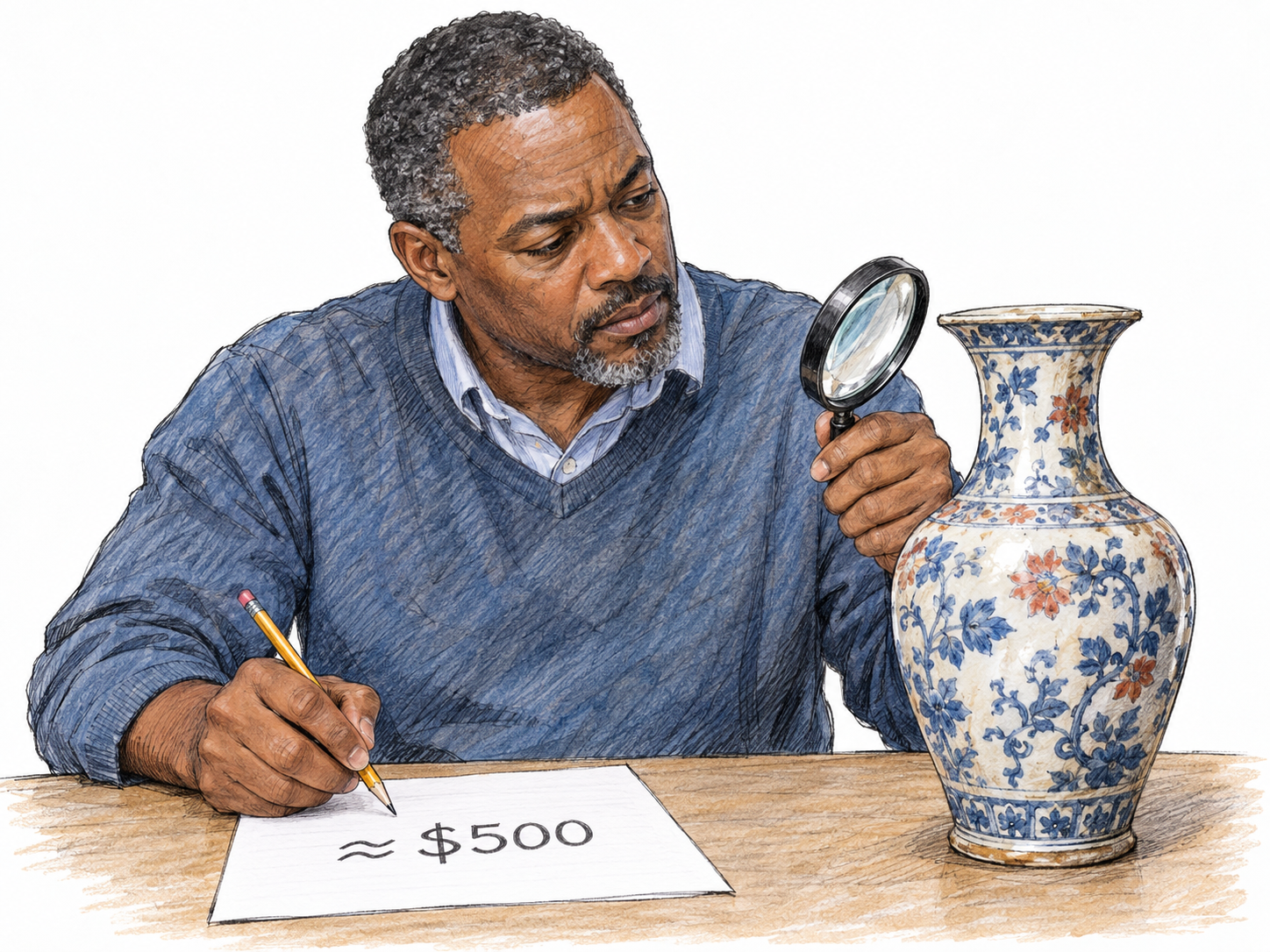 An appraiser examines an antique vase and records its estimated monetary worth as “≈ $500” on an otherwise blank appraisal sheet.
