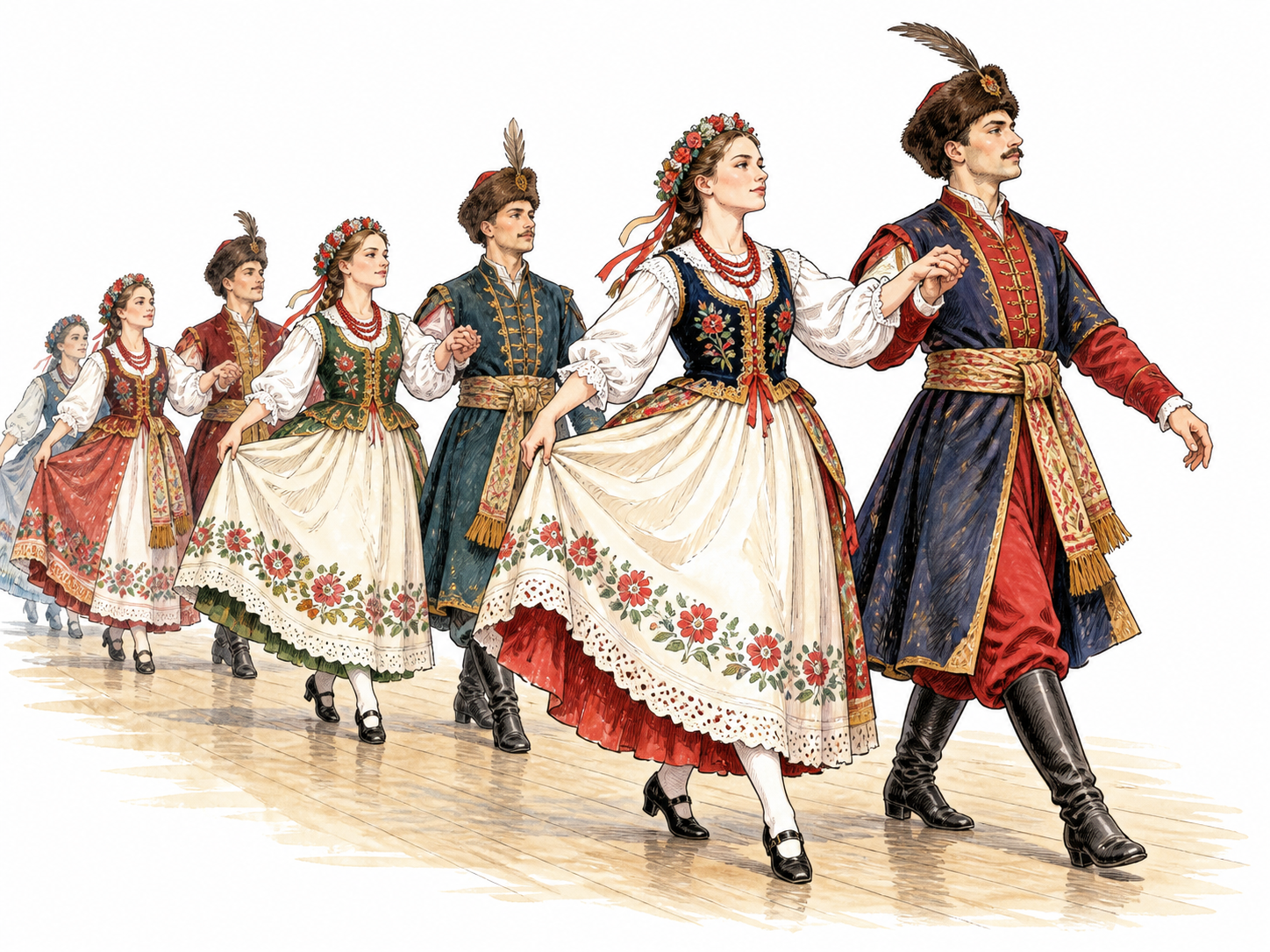 Polish dancers in elegant traditional attire processing in pairs with stately measured steps.