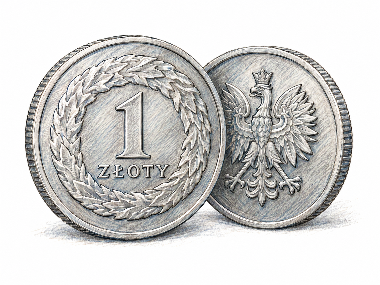 A close-up of a Polish one-złoty coin, with its denomination clearly visible and a second coin showing the Polish crowned eagle.