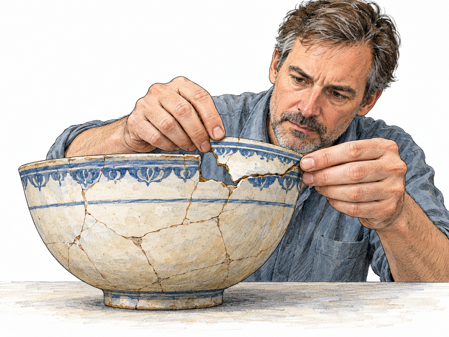 A conservator returns a matching broken fragment to the gap in an otherwise reassembled ceramic bowl, visibly restoring the fragment to its original whole.