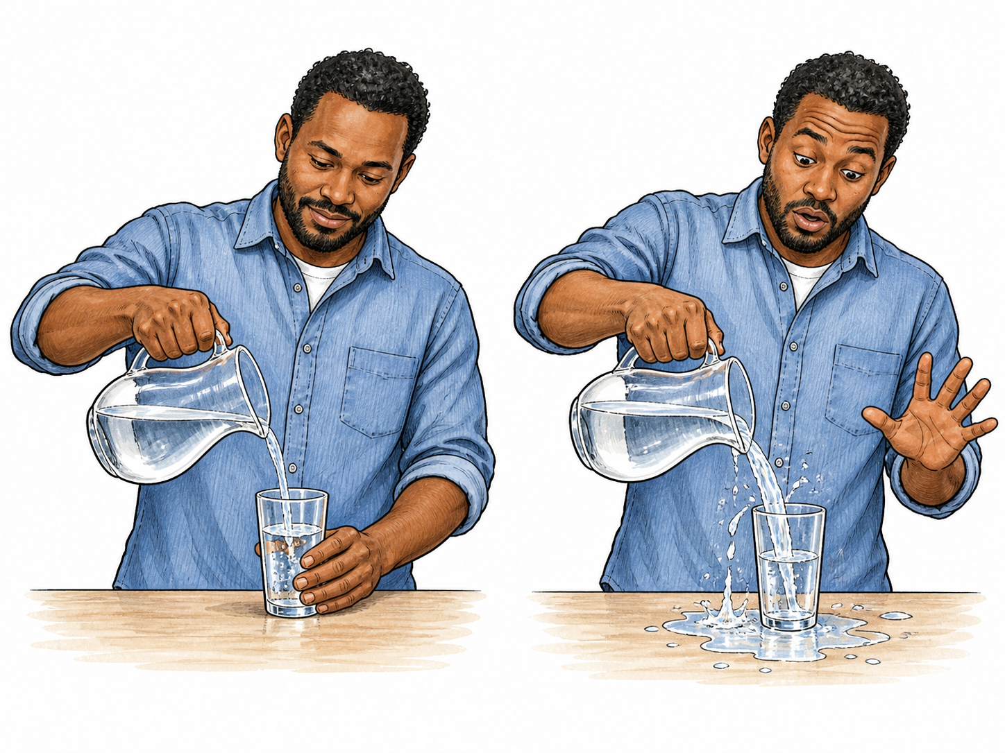 Two small vignettes show the same adult pouring water in two different ways, one gently and one carelessly spilling; contrast in manner without judging identity.