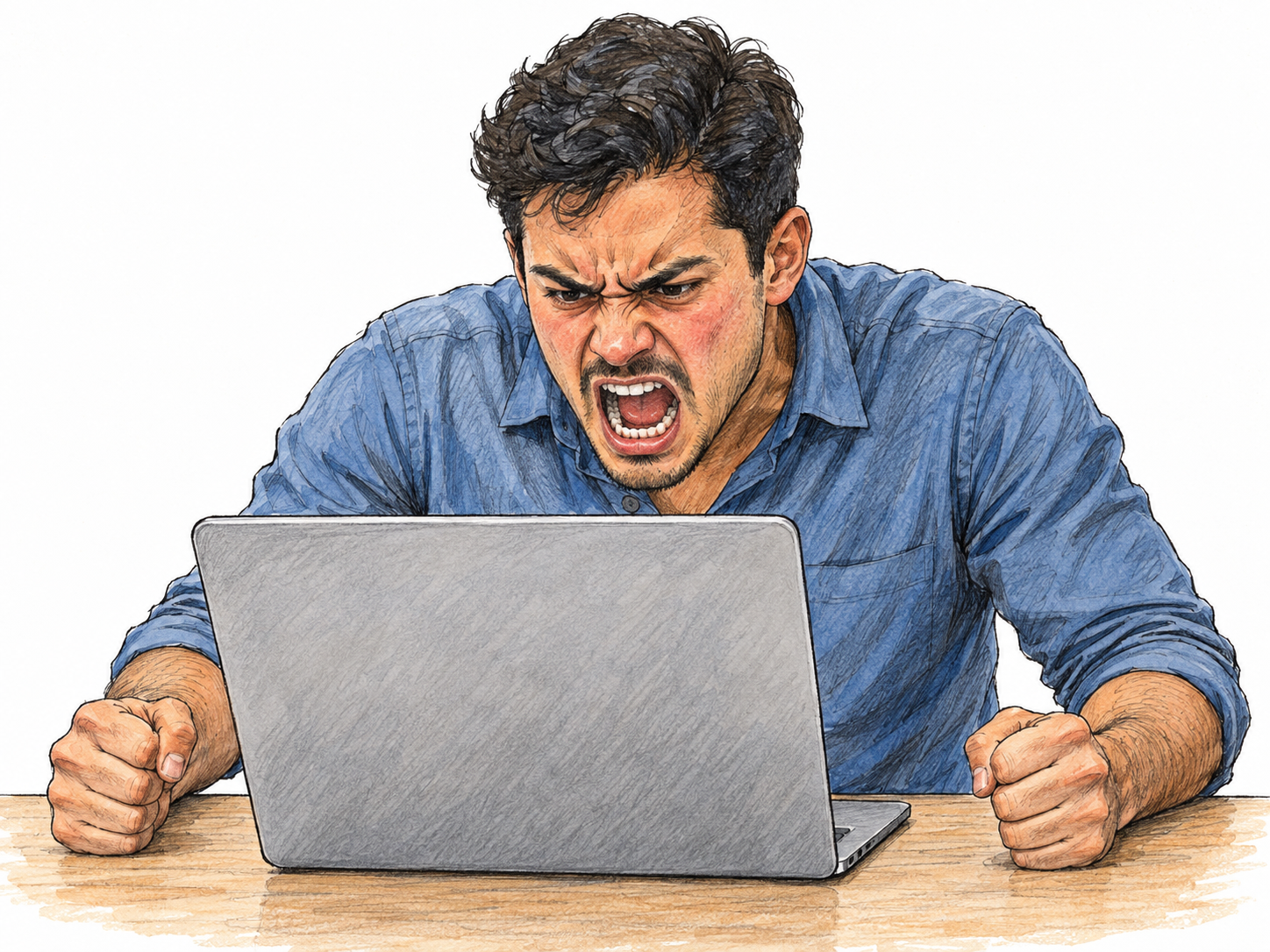 Depict the extreme-anger branch of the frozen definition: a young adult man erupts in unmistakable fury at a desk, with clenched fists, rigid shoulders, tightly drawn brows and an open shouting mouth.