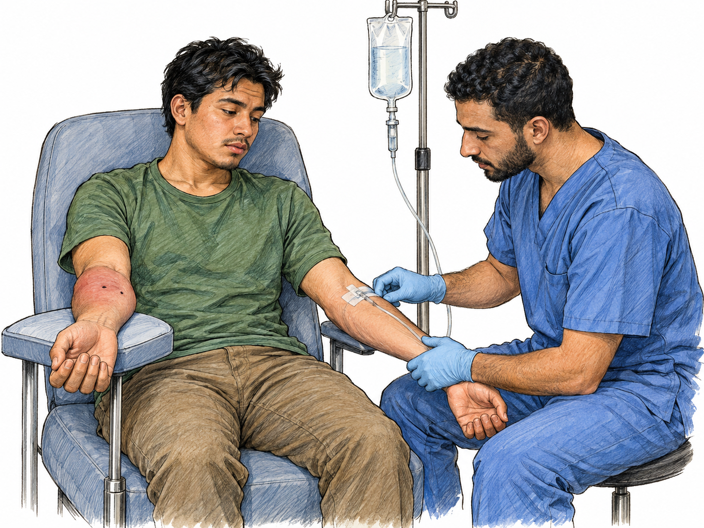 A clinician administers an antivenom infusion to a patient with a swollen snakebitten forearm, showing a remedy counteracting poison.