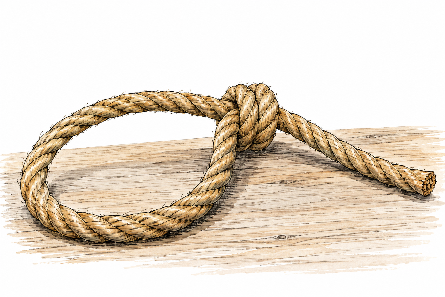 Close detailed view of a loose hemp rope sliding loop resting safely on a plain tabletop, the running rope passing through a compact slip knot, clear true slip-loop construction.