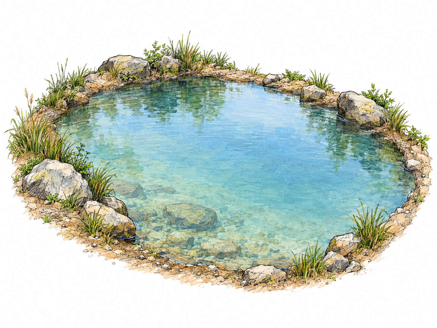 A small natural pool with a completely visible irregular shoreline, calm reflective water, and a few stones and grass tufts establishing its modest size.