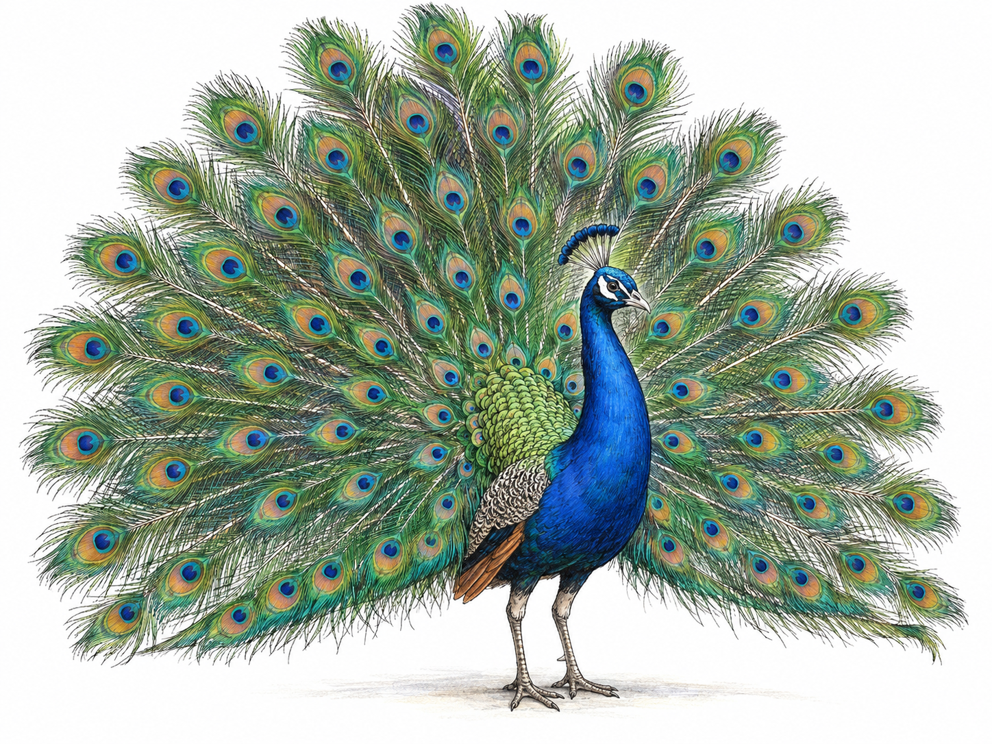 A gorgeous peacock displaying its magnificent fully spread tail: luminous natural colors and an elegant, balanced silhouette make striking beauty the central visible quality.