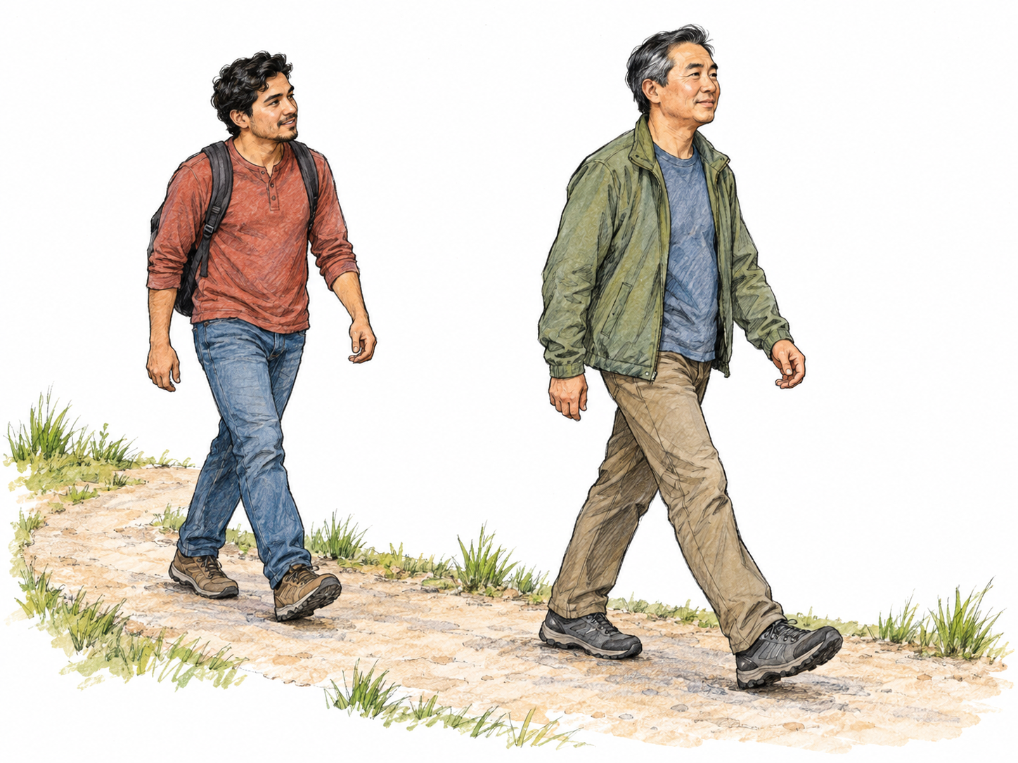 A young adult Latino man follows a middle-aged East Asian man along a gently curving path, walking a few steps behind him in the same direction.