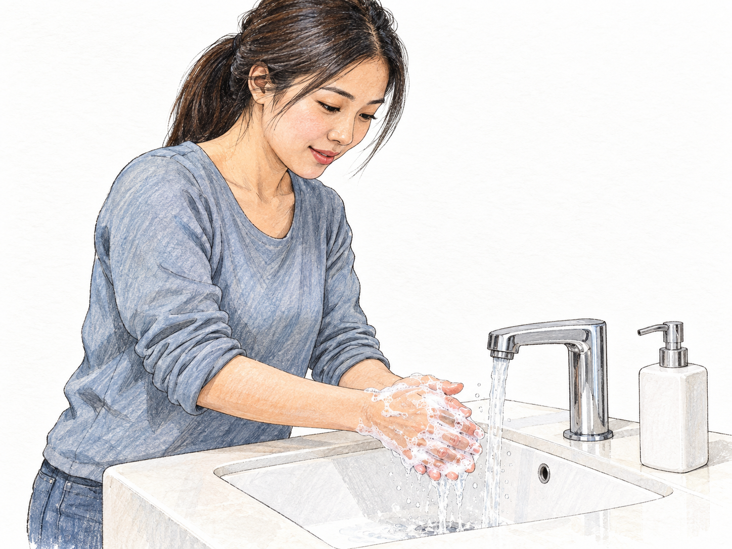 A woman thoroughly washes her soapy hands under running water at a clean sink, making health-promoting cleanliness visible.
