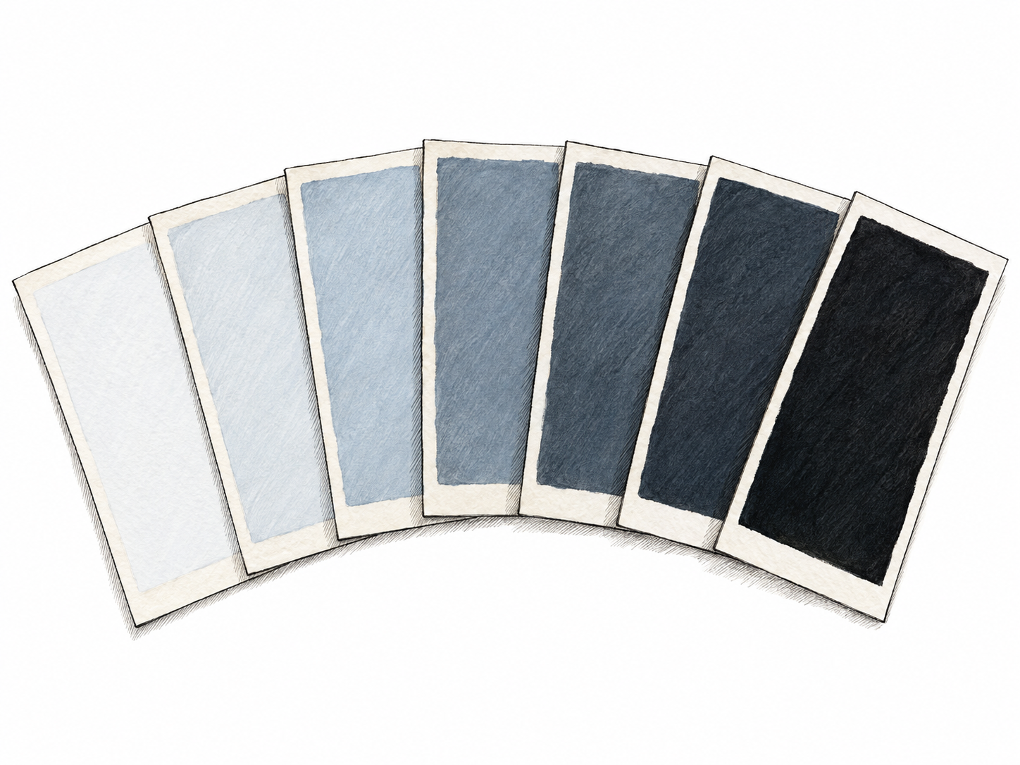 A fan of seven matching paint-sample cards progresses smoothly from almost white through increasingly deep blue-gray to nearly black, making a full range of related tonal values visible.