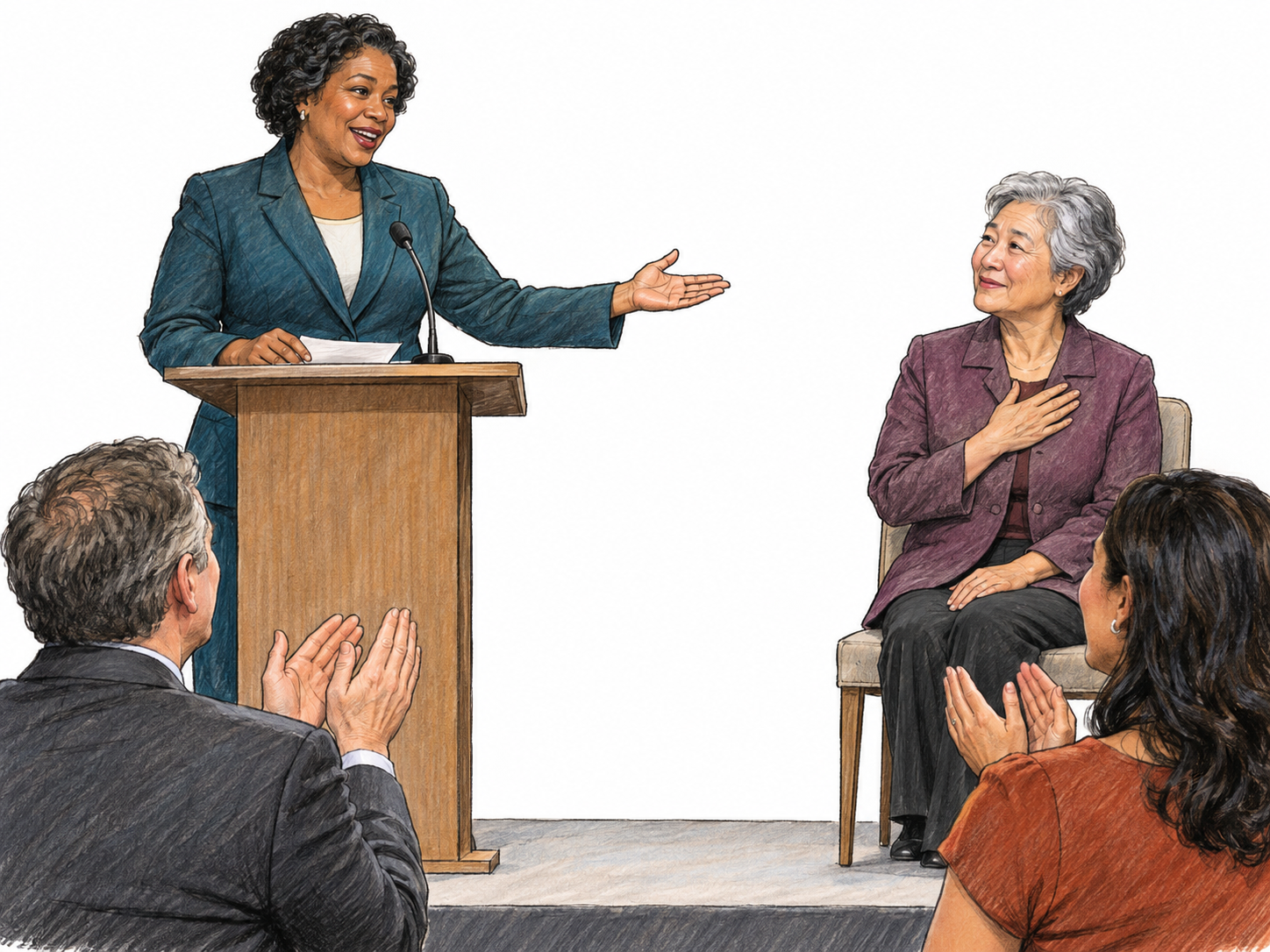 A formal tribute address: a speaker delivers prepared remarks while warmly presenting a seated honoree to an applauding audience.