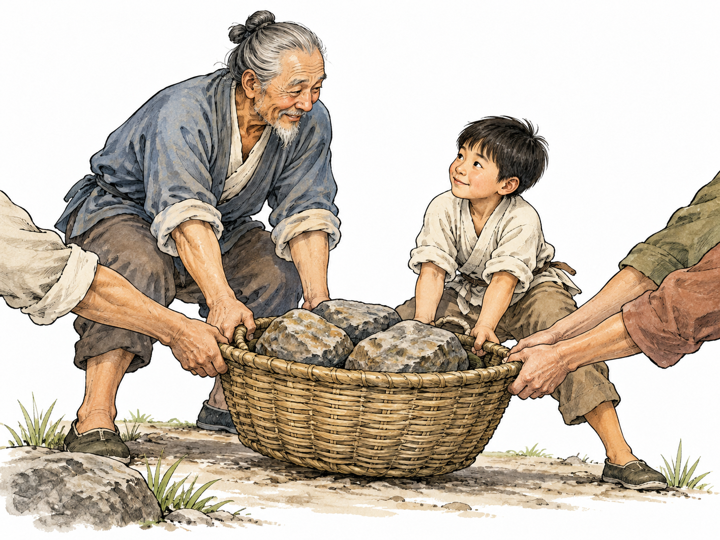 An older East Asian adult teaches a child through a simple scene of several hands helping lift a heavy basket, practical shared wisdom.