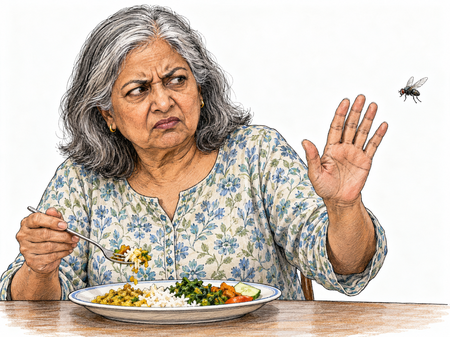 An annoyed woman pauses her meal to wave away a fly hovering directly above her food, making the small pest a visible nuisance.