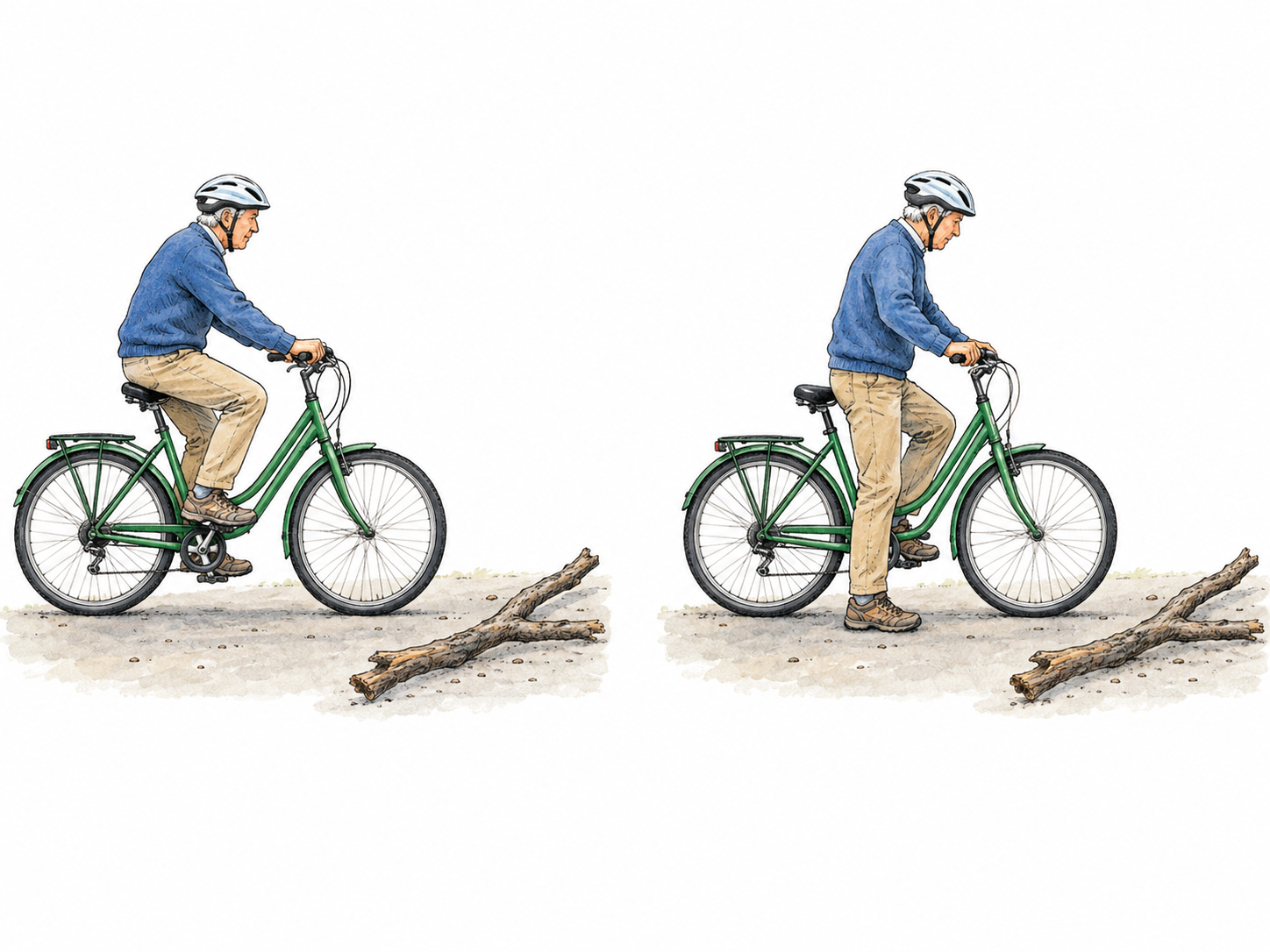 A compact two-moment sequence shows the same older cyclist riding toward a fallen branch, then stopping safely before it with one foot planted and the bicycle upright.