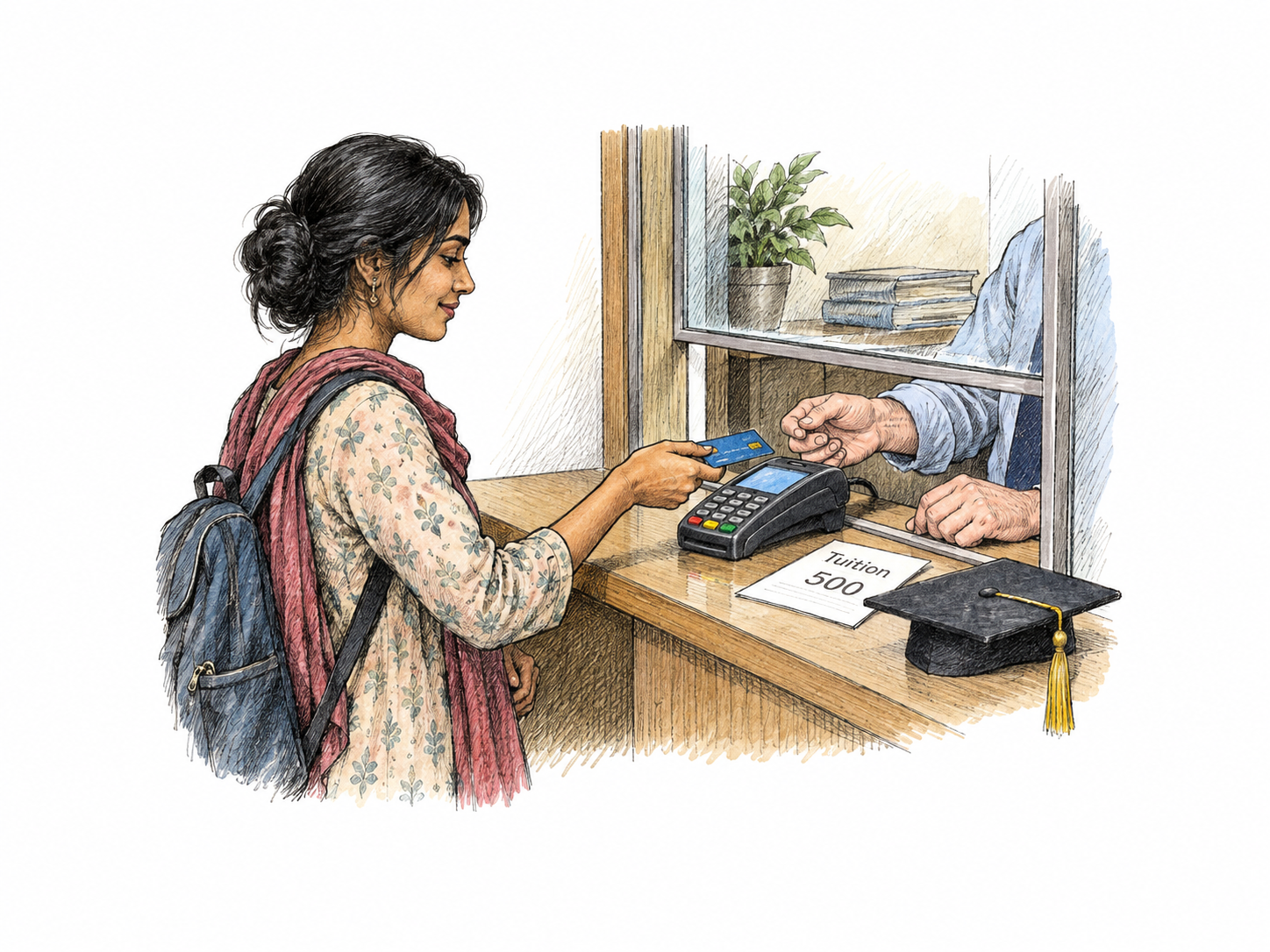 Student pays tuition at college cashier window: hands pass payment card toward terminal beside a plain fee slip reading only Tuition and500; small mortarboard rests nearby, no additional writing.