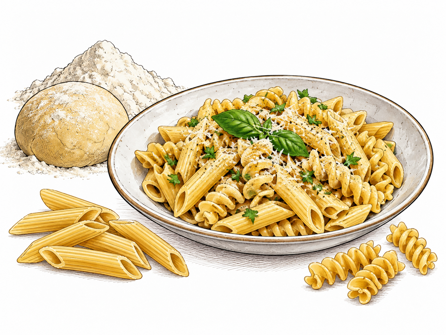 A shallow plate holds cooked penne and spirals with a restrained garnish, with uncooked dough shapes nearby.