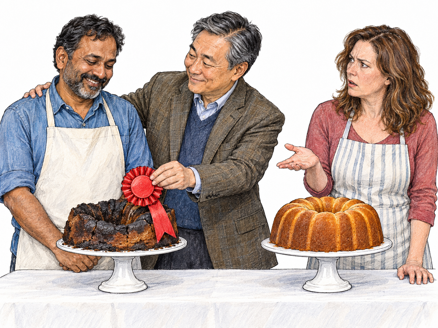 A baking-contest judge warmly awards the winning ribbon to a contestant's visibly collapsed, burned cake while ignoring a clearly successful version of the same cake beside it.