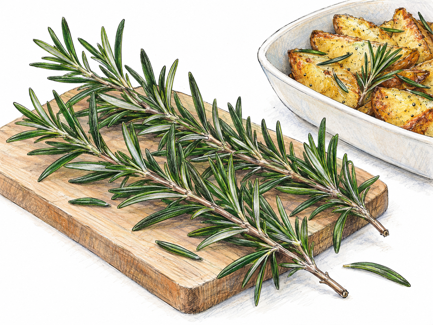 A close view of fresh rosemary sprigs on a small cutting board beside roasted potatoes garnished with the same herb.