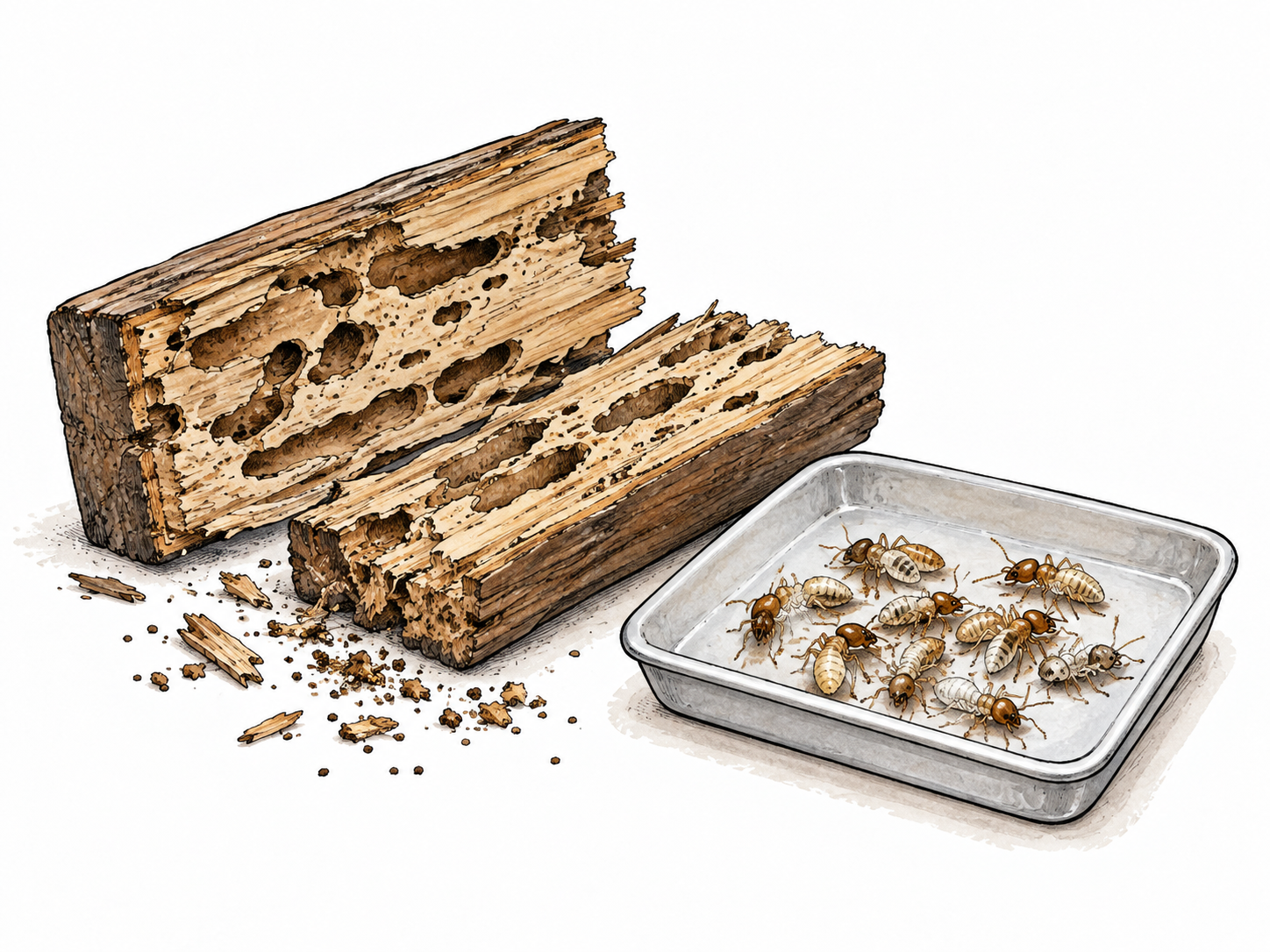 An opened empty termite-damaged wood sample beside a shallow tray containing a whole small cluster of motionless termites after treatment, no living insects, non-graphic complete pest destruction.