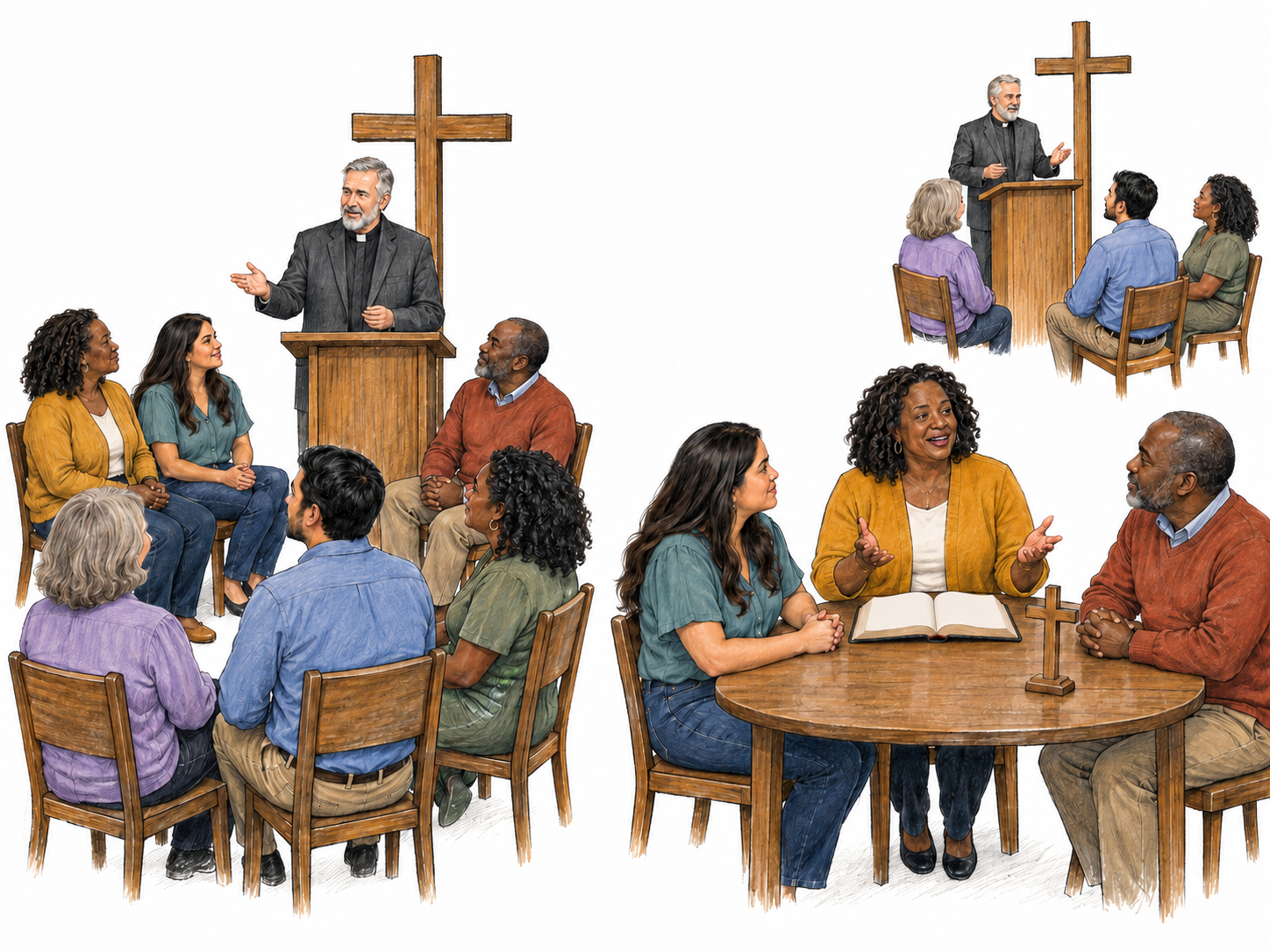 A text-free two-stage comparison shows a Christian congregation developing a distinct smaller following: three recognizable members subsequently worship together in a separate, plainly furnished setting around their own leader, while the original congregation continues separately.