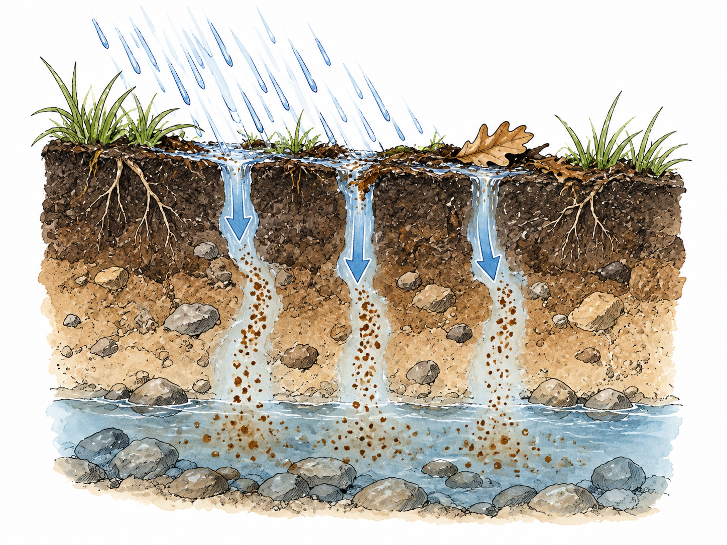 Rainwater passes through dark soil in a clear educational cutaway and carries dissolved brown material downward.