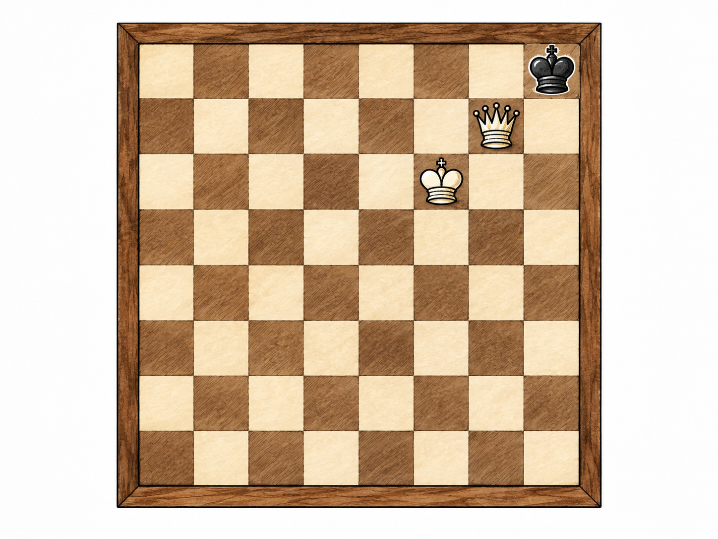 Precise chess endgame on an accurate 8-by-8 alternating board: black king h8, white queen g7 protected by white king f6; no other pieces.