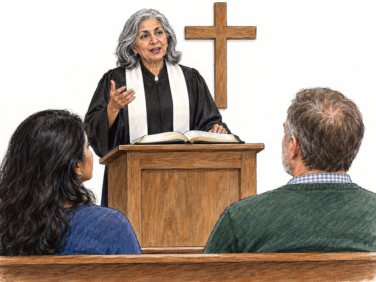 A minister delivers a sermon from a church pulpit, using an open Bible and an explanatory hand gesture while seated congregants listen.