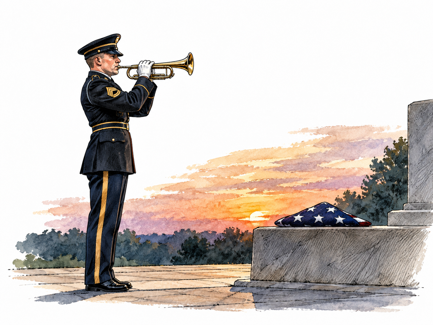 A uniformed military bugler plays alone beside a folded flag at dusk, solemn respectful military setting, no combat.