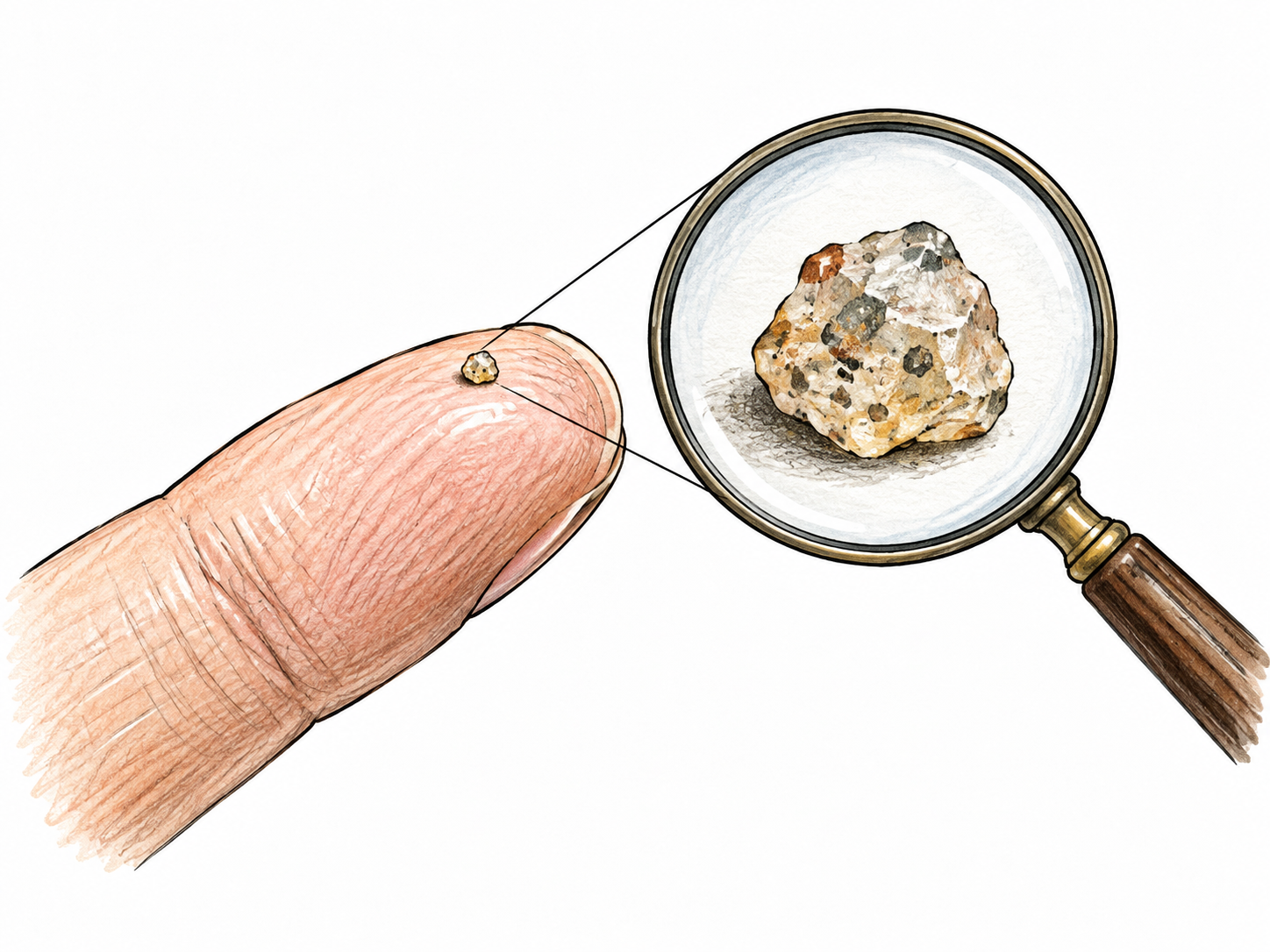 A tiny grain of sand on an adult fingertip, accompanied by a simple circular magnifying glass revealing the grain at larger scale.
