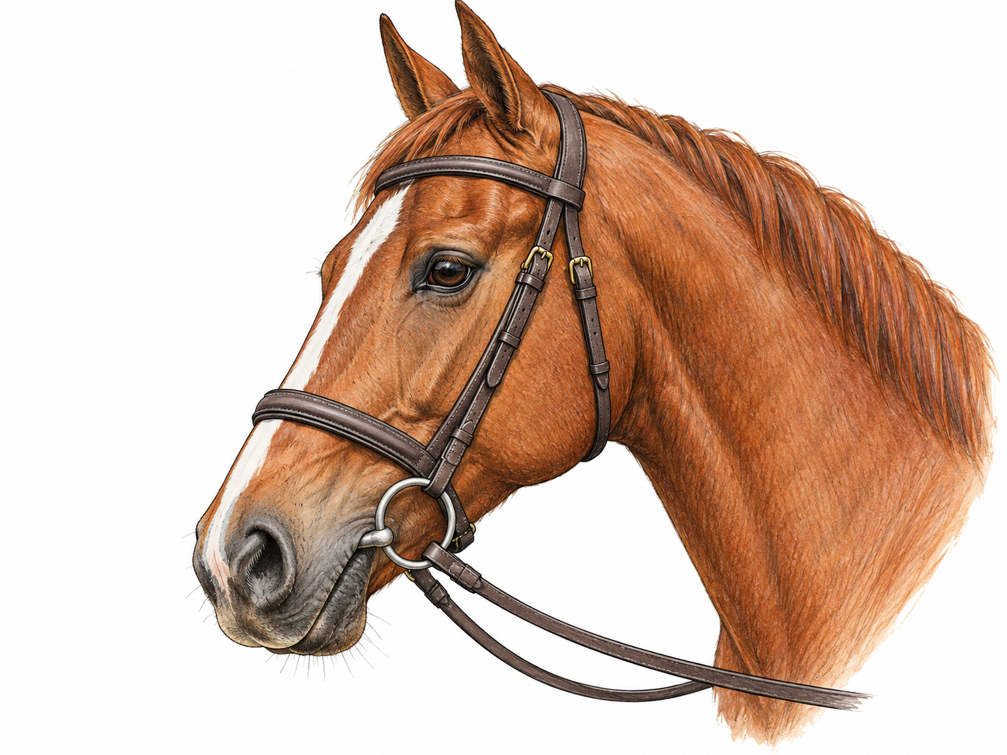 Chestnut horse head in profile wearing correctly arranged leather bridle: crownpiece behind ears, browband, cheekpieces, bit at mouth corners and reins attached to bit rings; no confusing halter-only straps.