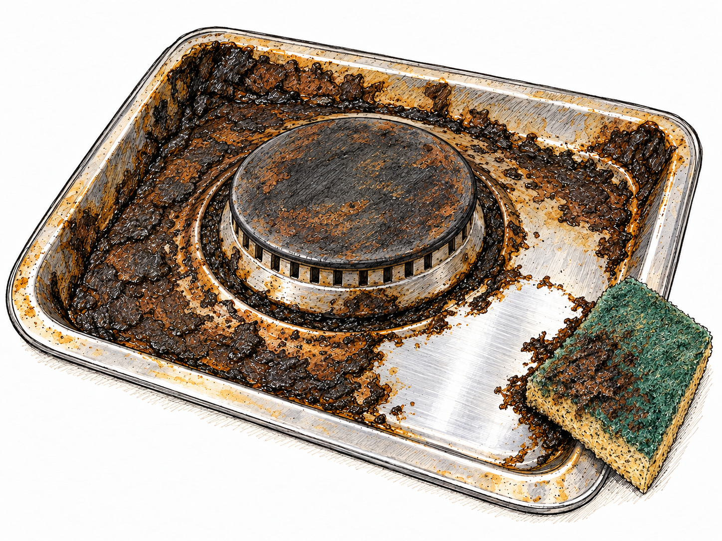A close-up of a metal stovetop burner surround coated with stubborn, greasy black-brown dirt, with a narrow scrubbed patch revealing clean metal beneath.