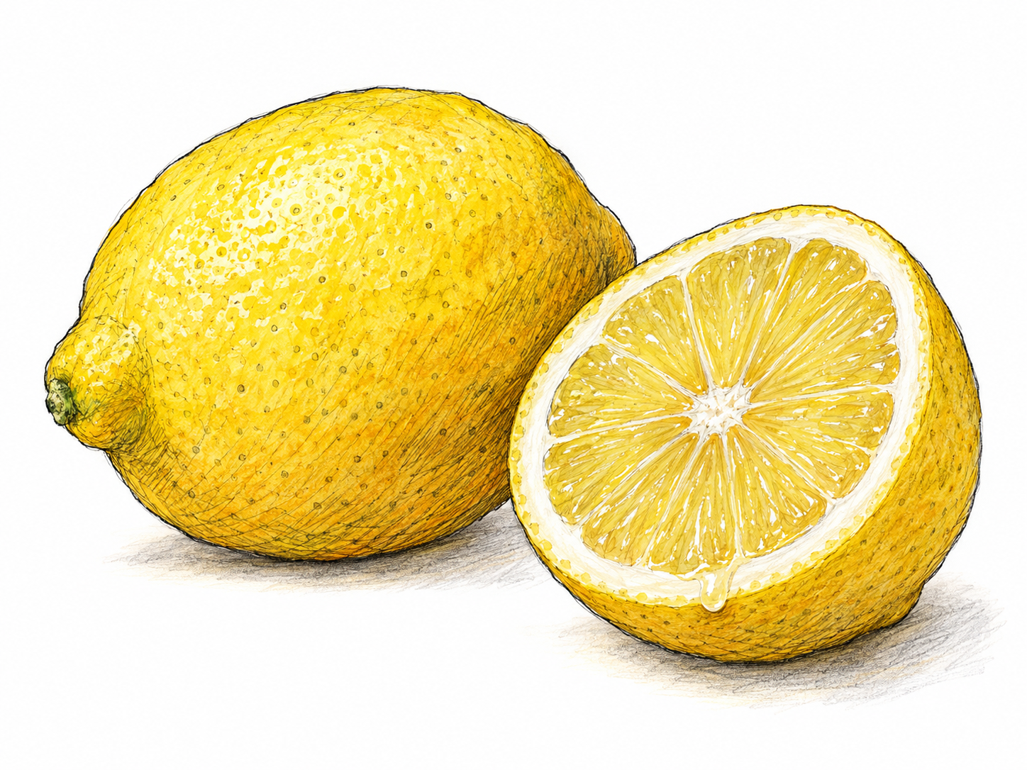 One whole ripe yellow lemon beside a freshly cut lemon half, with clearly visible juicy segments and a small bead of juice at the cut edge.